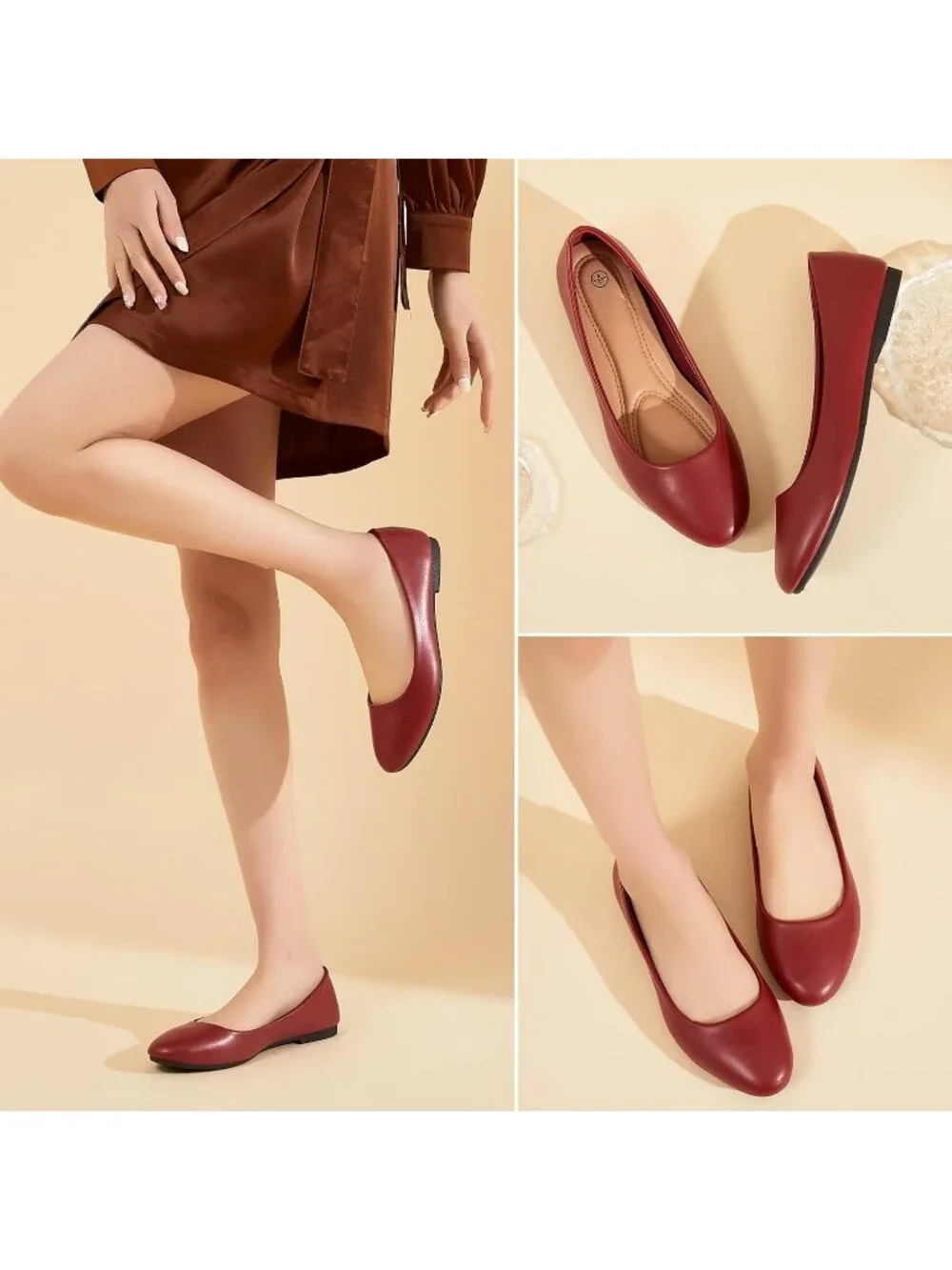 Women's Red PU Leather Closed Toe Comfortable Flexible Slip On Ballet Flats